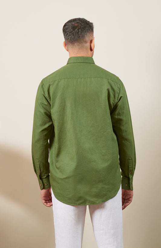 Olive Green Blended Linen Button Down Long Sleeve Shirt