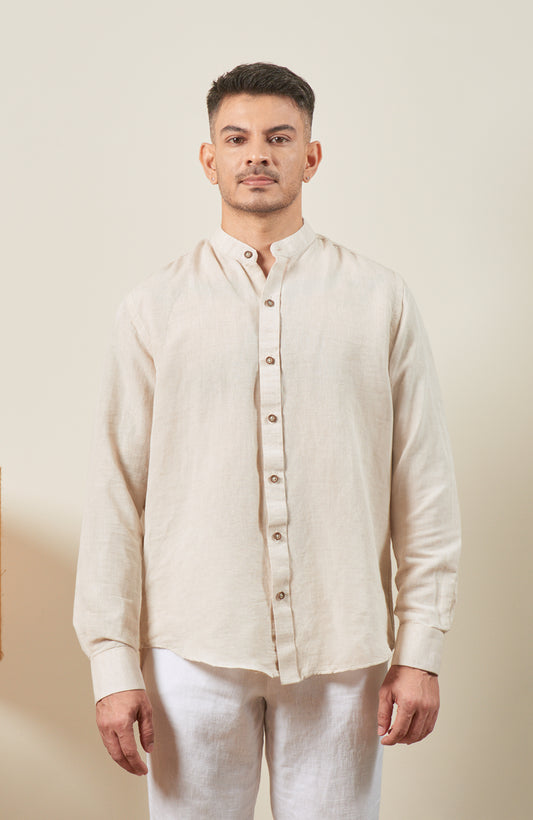 Beige Blended Linen Nehru Collar Long Sleeve Shirt