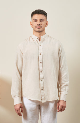 Beige Blended Linen Nehru Collar Long Sleeve Shirt