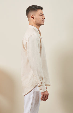 Beige Blended Linen Nehru Collar Long Sleeve Shirt