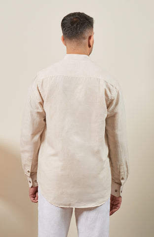 Beige Blended Linen Nehru Collar Long Sleeve Shirt