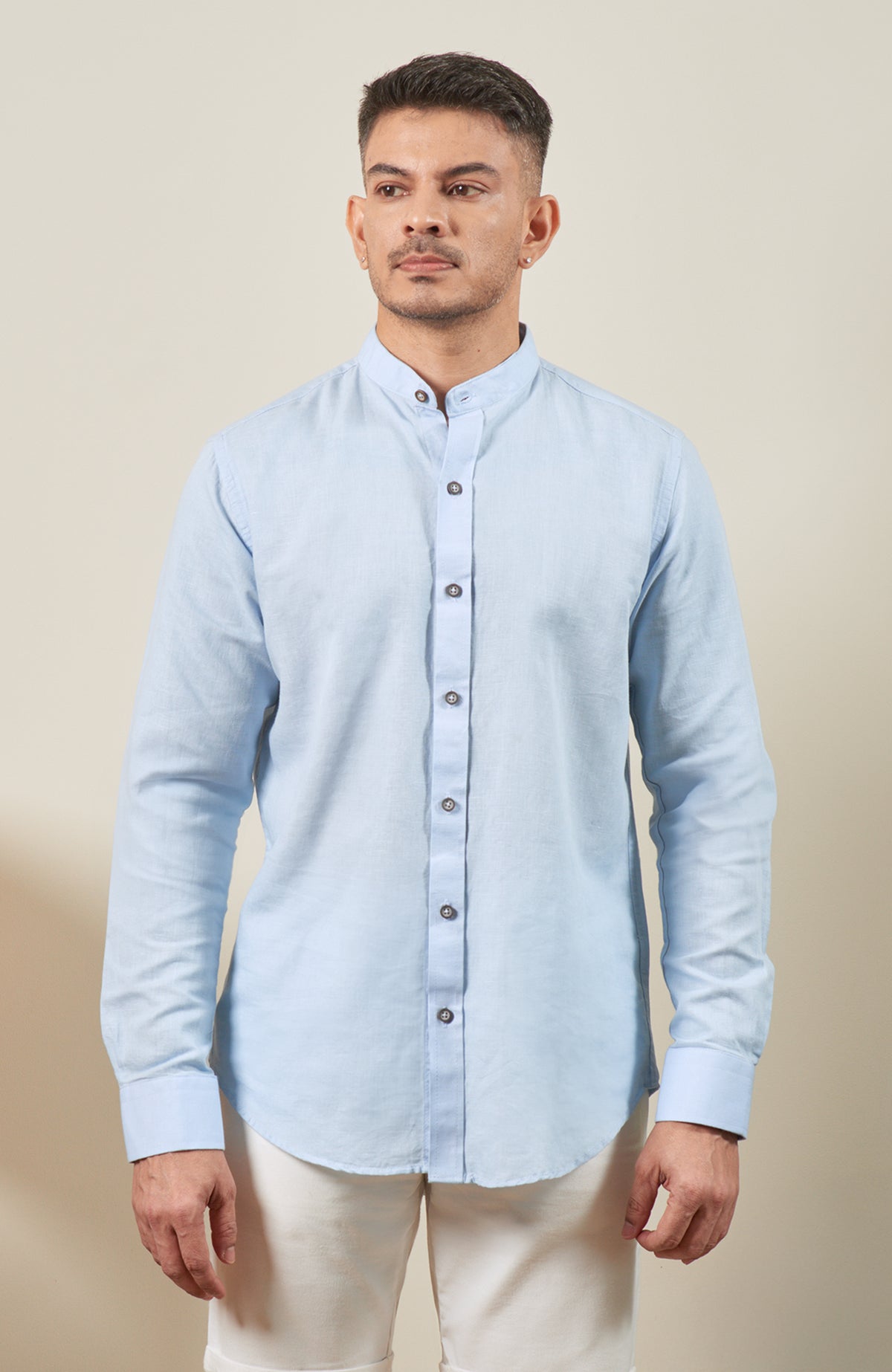 Light Blue Blended Linen Nehru Collar Long Sleeve Shirt