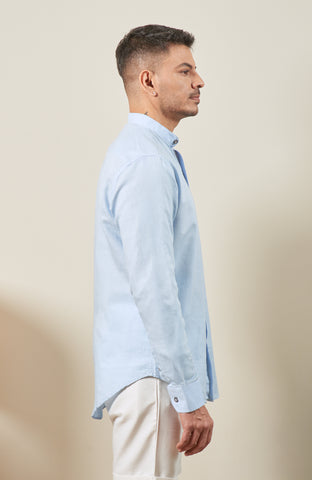 Light Blue Blended Linen Nehru Collar Long Sleeve Shirt