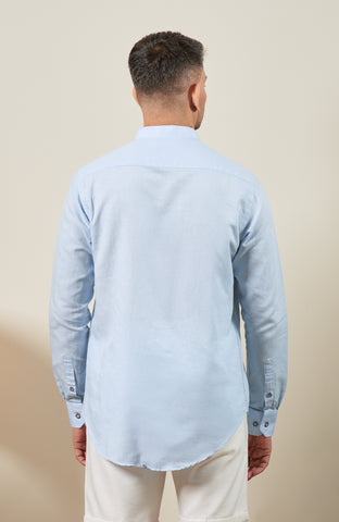 Light Blue Blended Linen Nehru Collar Long Sleeve Shirt