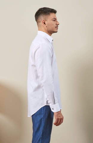 White Blended Linen Long Sleeve Shirt
