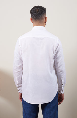 White Blended Linen Long Sleeve Shirt