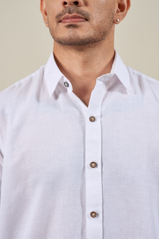 White Blended Linen Long Sleeve Shirt