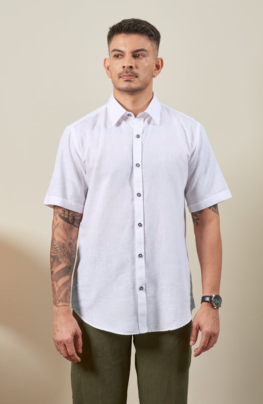 White Blended Linen Shorts Sleeve Shirt