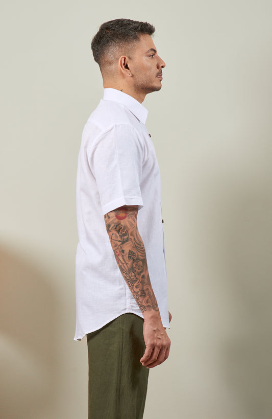 White Blended Linen Shorts Sleeve Shirt