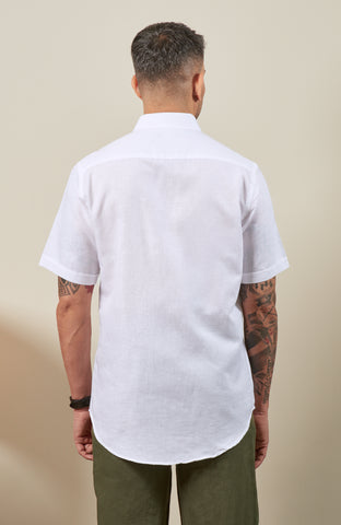 White Blended Linen Shorts Sleeve Shirt