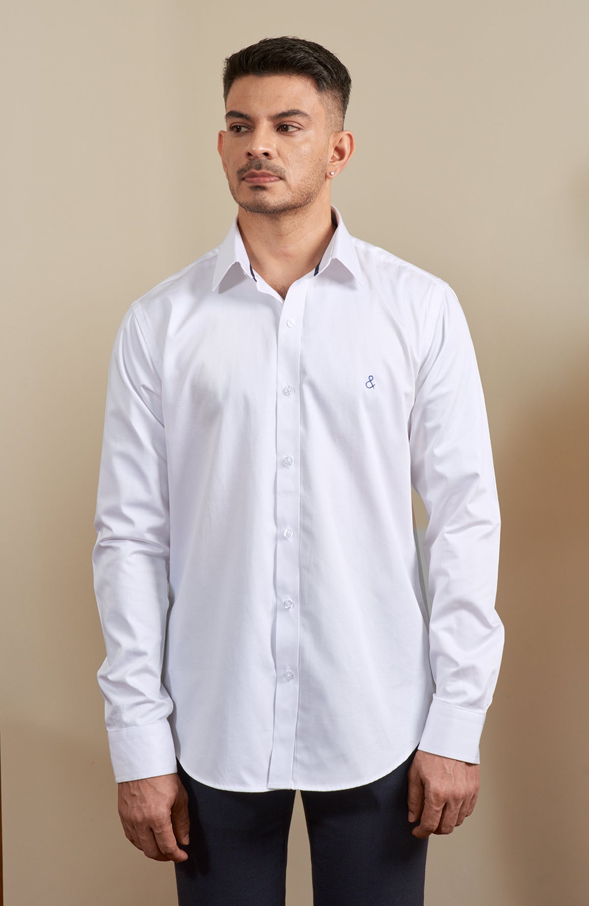 White Satin Long Sleeve Shirt With Inner Collar Edge Piping