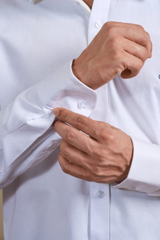White Satin Long Sleeve Shirt With Inner Collar Edge Piping