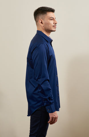 Navy Blue Satin Long Sleeve Shirt with Inner Collar Cuff Contrast