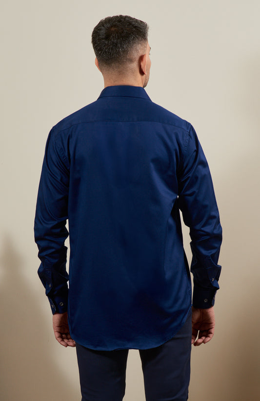 Navy Blue Satin Long Sleeve Shirt with Inner Collar Cuff Contrast