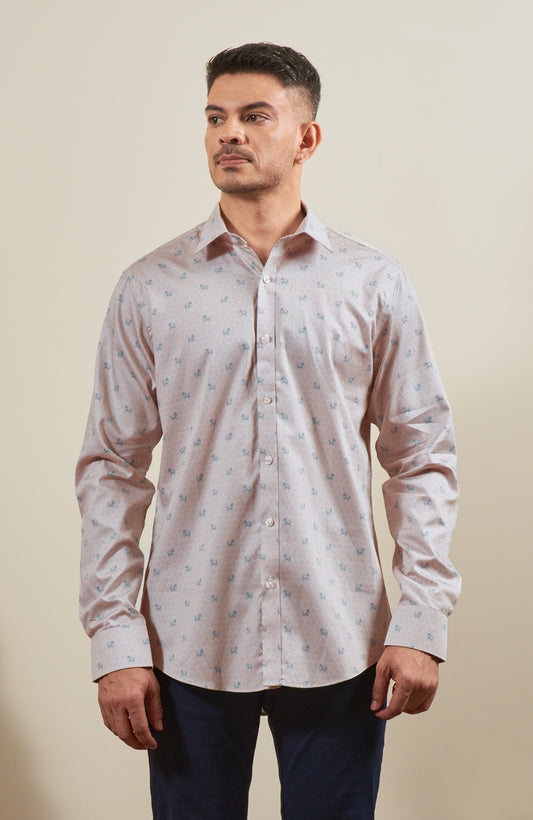 Beige Elephant Print Satin Long Sleeve Shirt