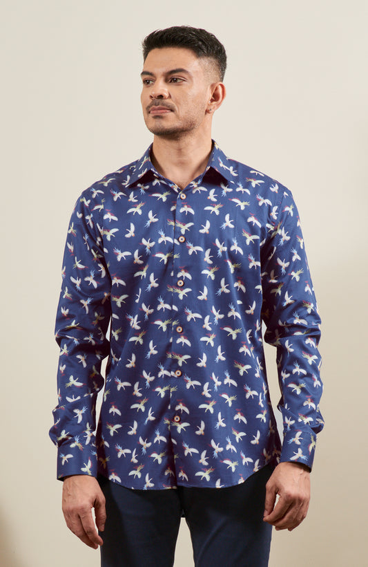 Dark Blue Bird Print Long Sleeve Shirt