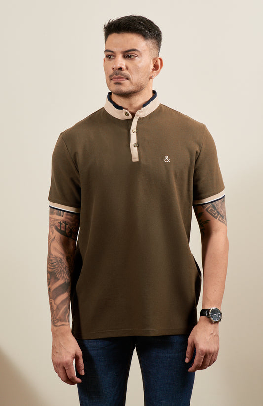 Olive Green Timberline Polo with Nehru Collar