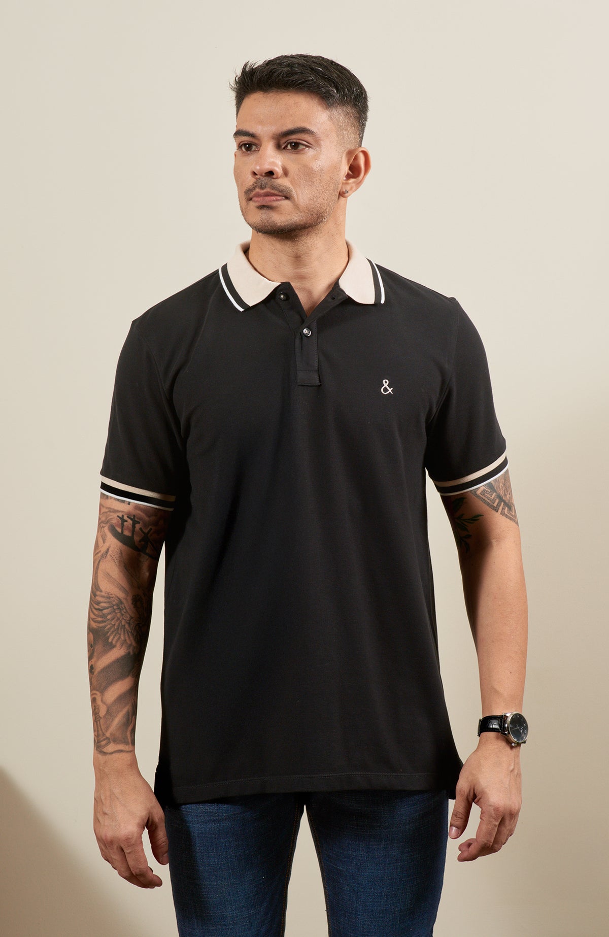 Black Dusk Accent Polo T-Shirt with Contrast Collar
