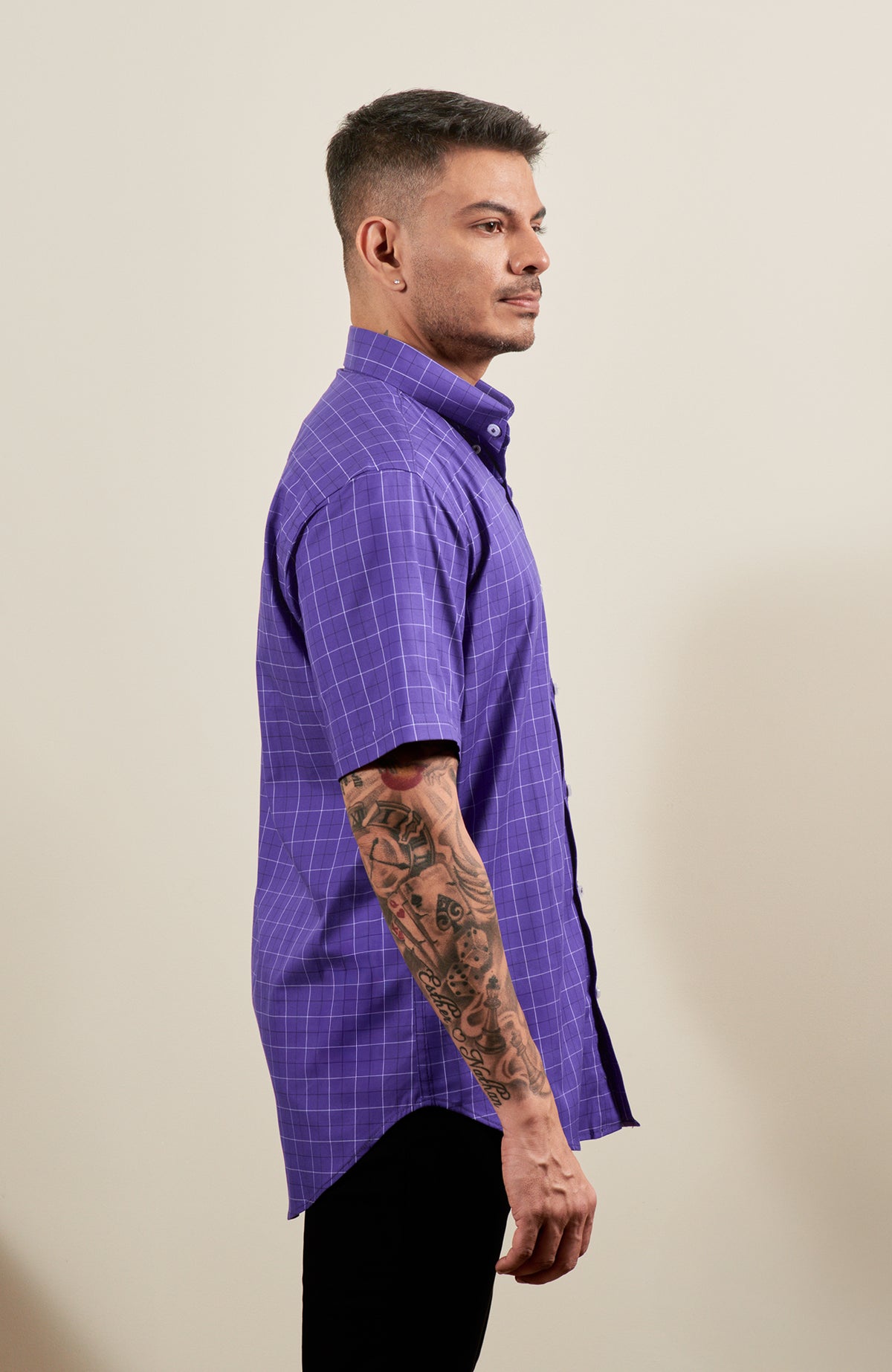 Purple Check Button Down Short Sleeve Shirt