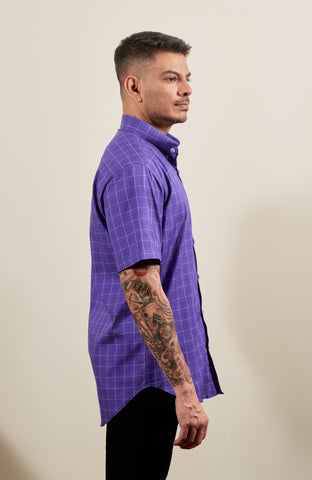 Purple Check Button Down Short Sleeve Shirt