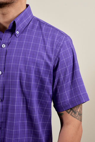 Purple Check Button Down Short Sleeve Shirt