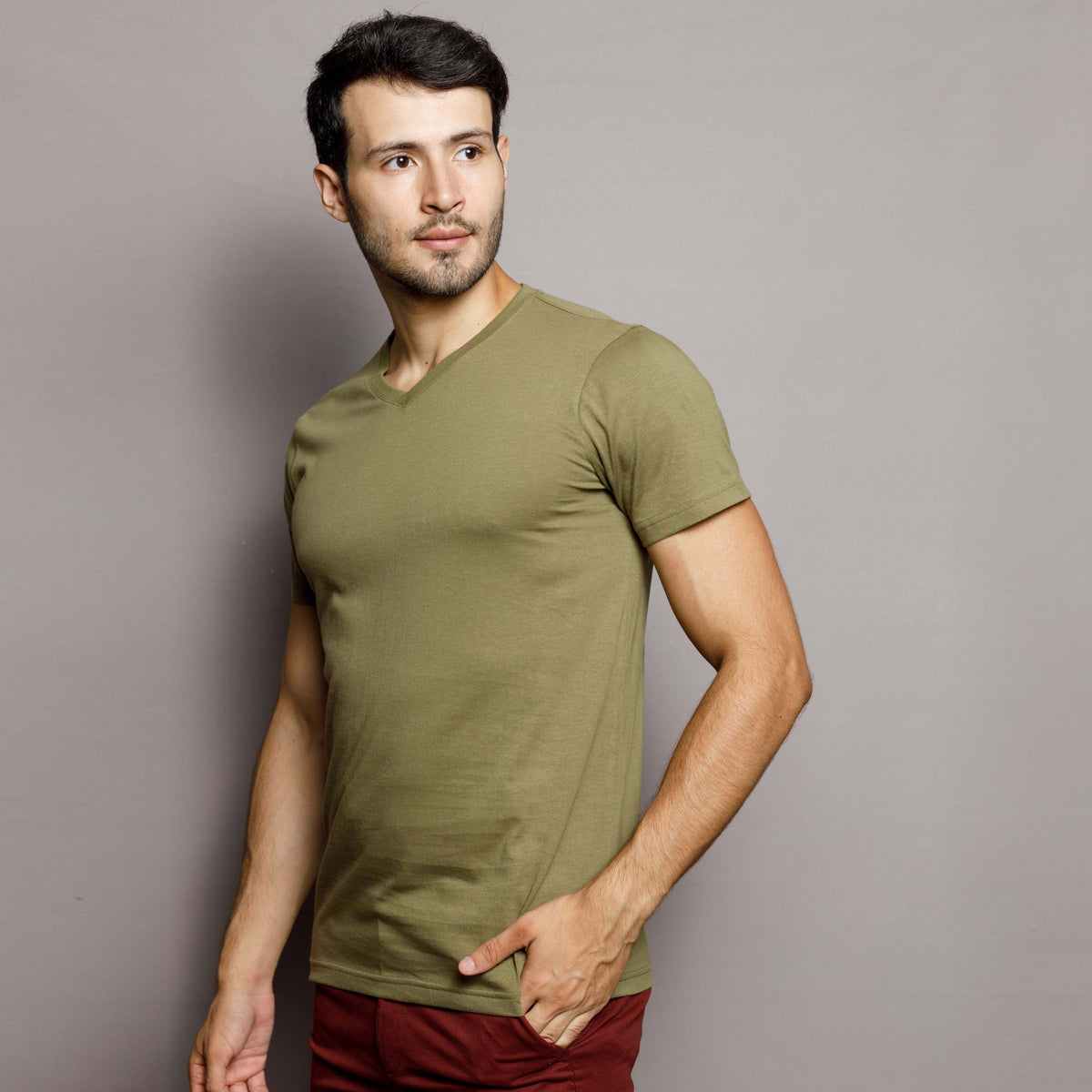 Hunter Green V Neck T-Shirt – Stripes and Checks