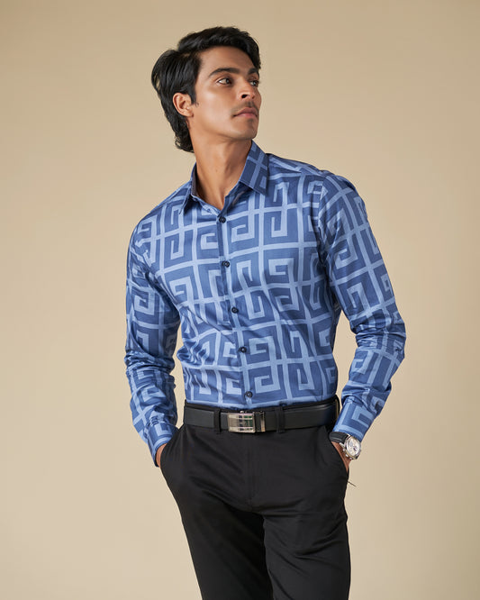 Long Sleeve Classic Dark Blue Print Shirt