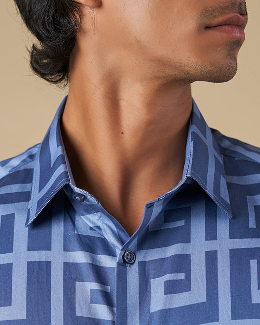 Long Sleeve Classic Dark Blue Print Shirt