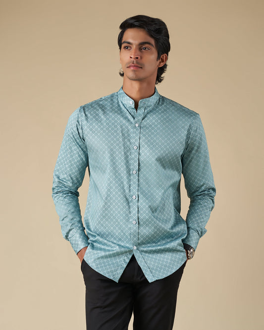 Green Long Sleeve Satin Shirt with Nehru Collar