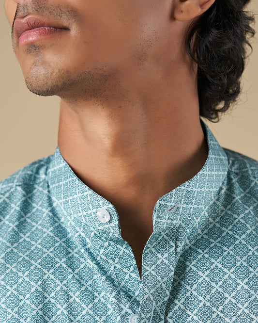 Green Long Sleeve Satin Shirt with Nehru Collar