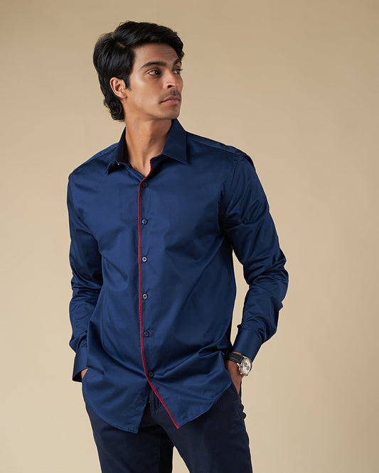 Navy Blue Satin Long Sleeve Shirt with Contrast Piping