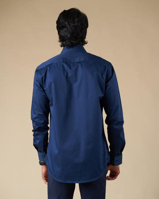 Navy Blue Satin Long Sleeve Shirt with Contrast Piping
