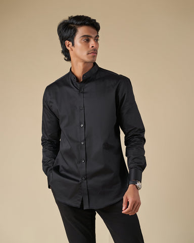 Black Satin Long Sleeve Nehru Collar Shirt with Contrast Inner Collar