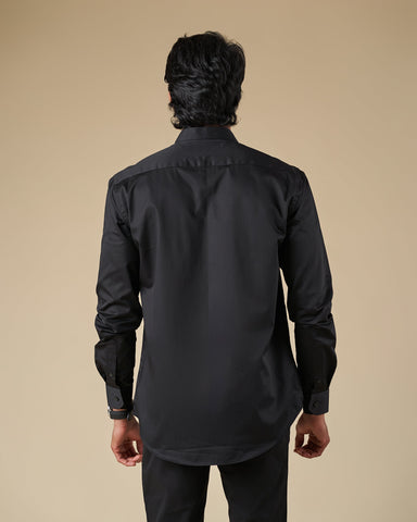 Black Satin Long Sleeve Nehru Collar Shirt with Contrast Inner Collar