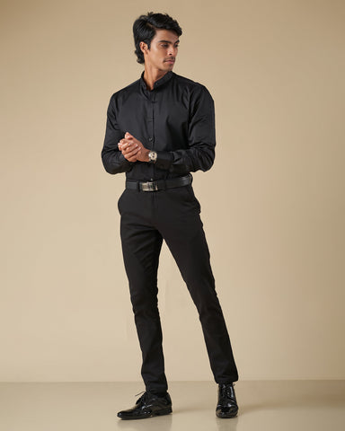 Black Satin Long Sleeve Nehru Collar Shirt with Contrast Inner Collar