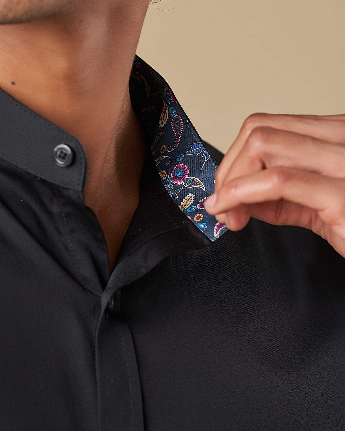 Black Satin Long Sleeve Nehru Collar Shirt with Contrast Inner Collar
