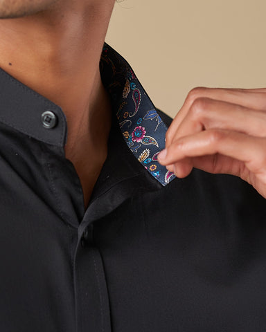 Black Satin Long Sleeve Nehru Collar Shirt with Contrast Inner Collar