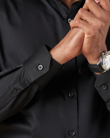 Black Satin Long Sleeve Nehru Collar Shirt with Contrast Inner Collar