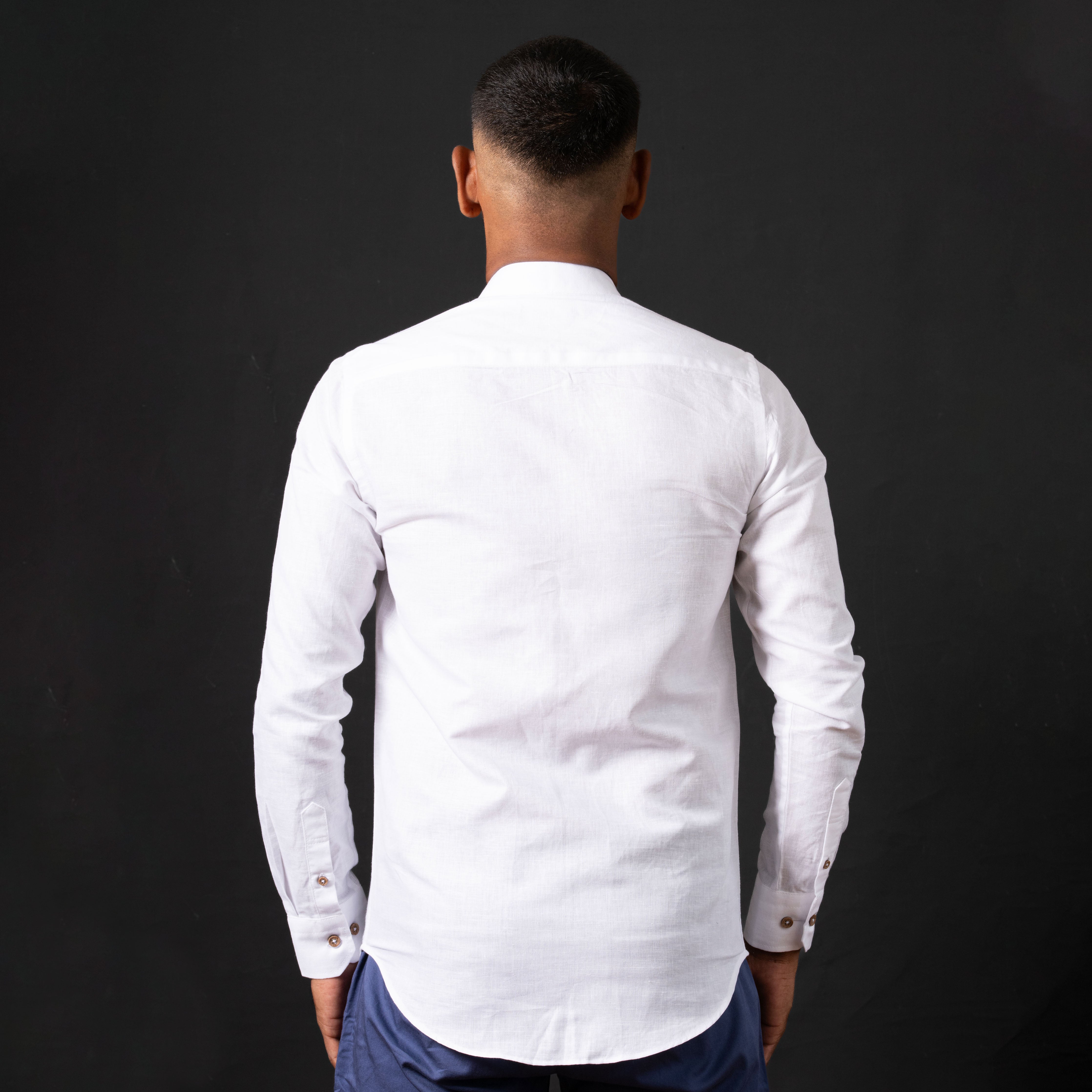 White Nehru Collar Linen Shirt