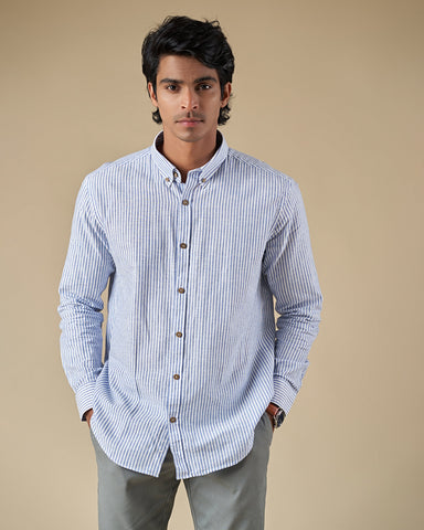 White and Blue Stripe Button Down Washed Cotton Linen Shirt