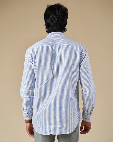 White and Blue Stripe Button Down Washed Cotton Linen Shirt