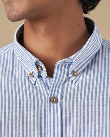 White and Blue Stripe Button Down Washed Cotton Linen Shirt