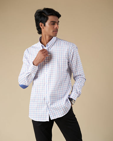 Blue and Purple Check Button Down Long Sleeve Shirt with Elbow Patch