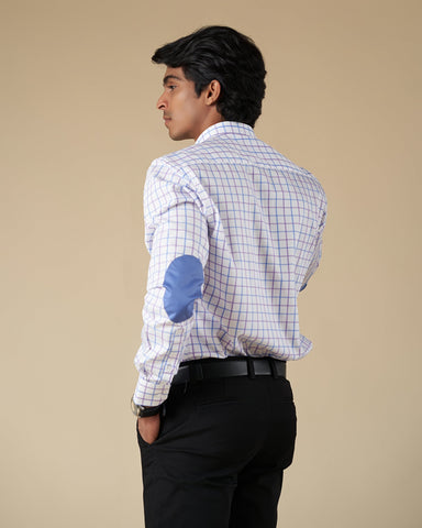 Blue and Purple Check Button Down Long Sleeve Shirt with Elbow Patch