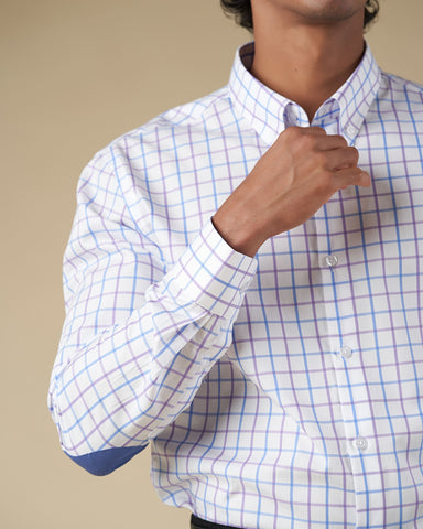 Blue and Purple Check Button Down Long Sleeve Shirt with Elbow Patch