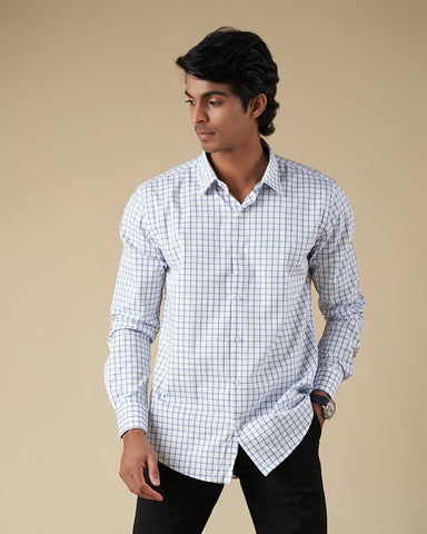 White and Blue Check Long Sleeve Shirt with Navy Blue Inner Collar