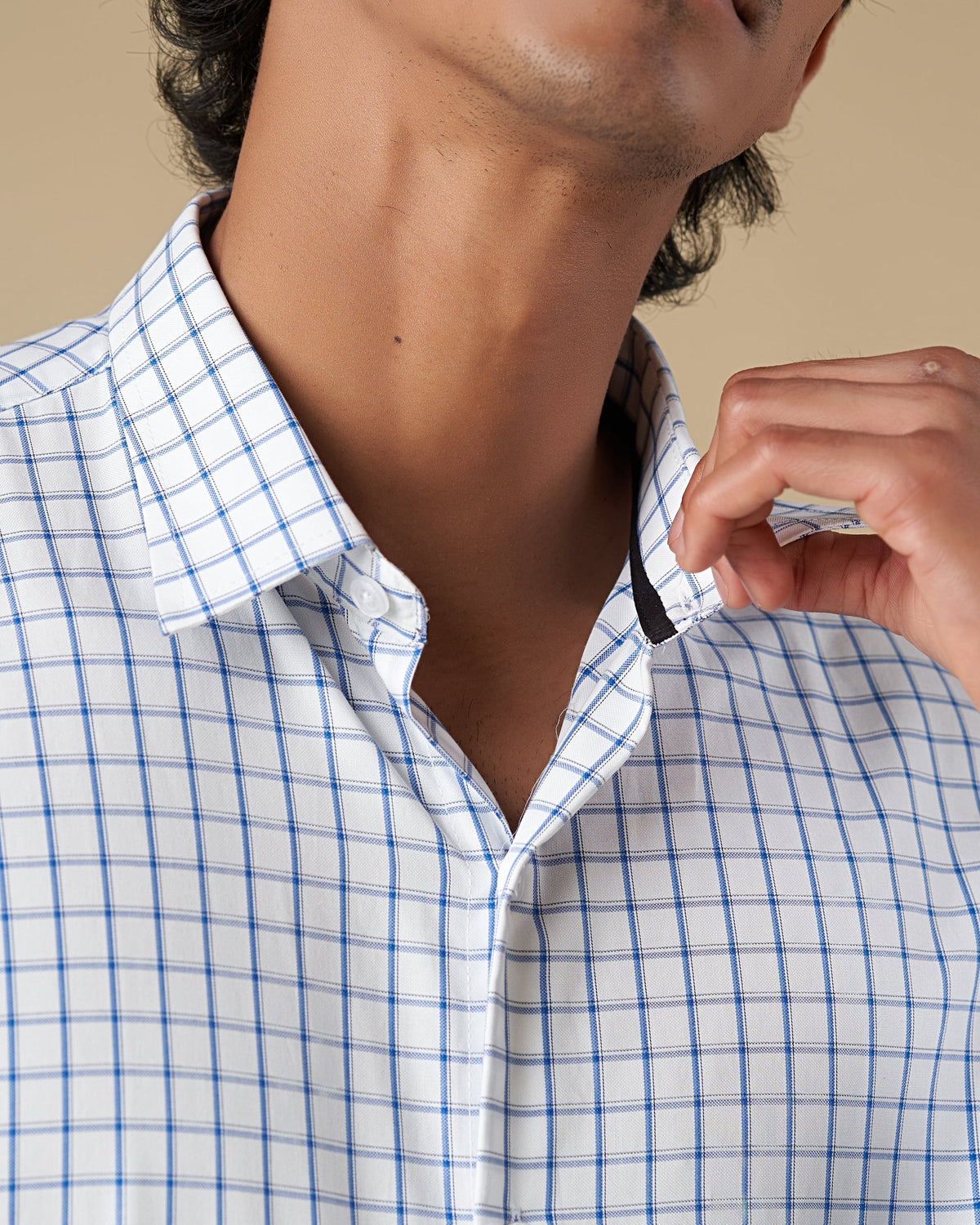 White and Blue Check Long Sleeve Shirt with Navy Blue Inner Collar