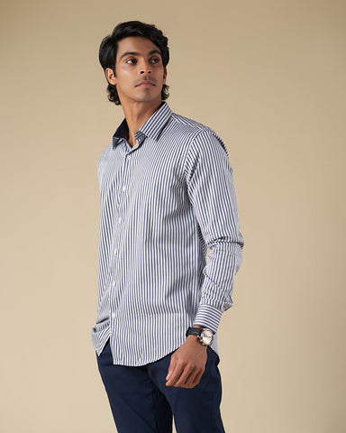 Gray and Blue Shadow Line Long Sleeve Shirt with Contrast Inner Collar