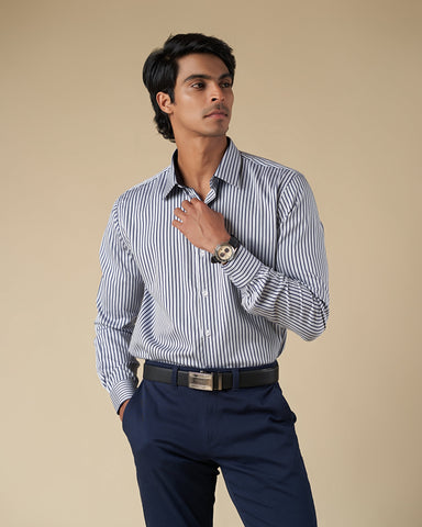 Gray and Blue Shadow Line Long Sleeve Shirt with Contrast Inner Collar