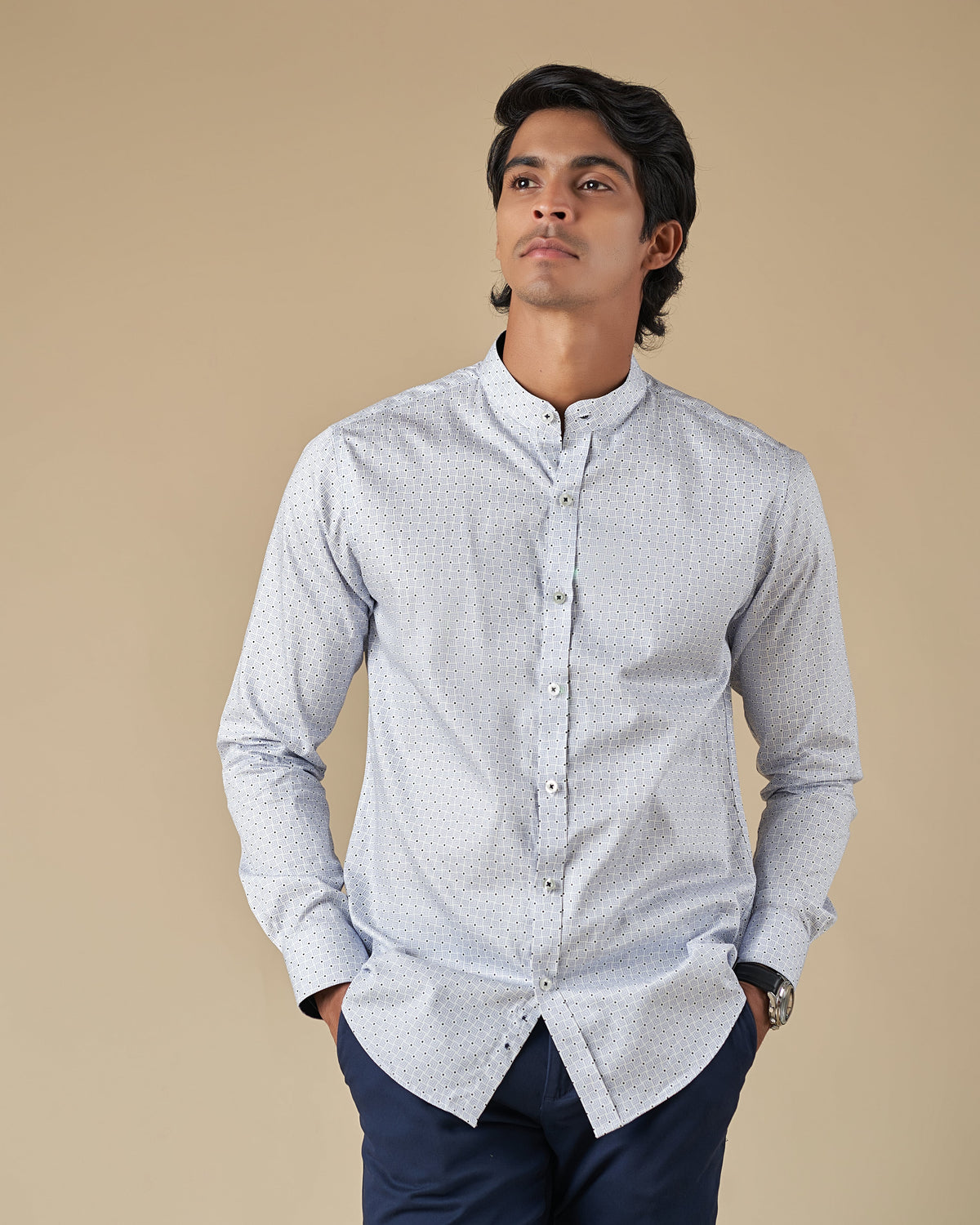 Nehru Collar Long Sleeve Shirt with Geometric Print and Contrast inner collar